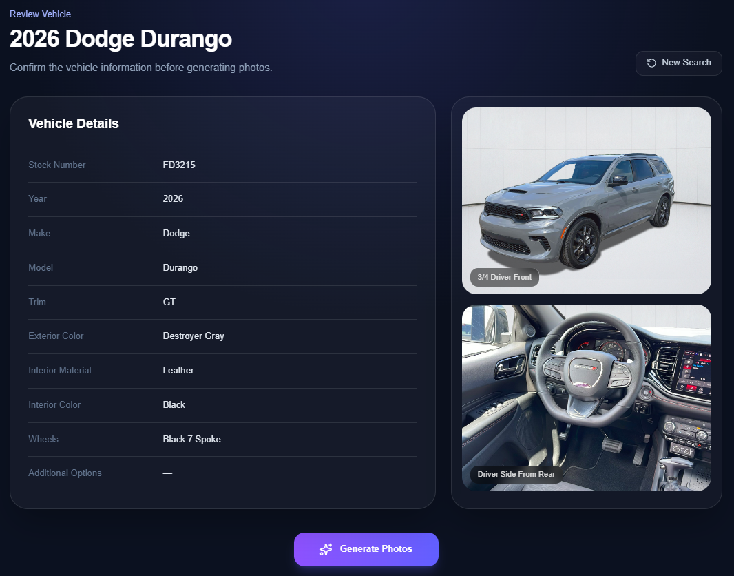 LotLogic vehicle photo generator showing a covered new vehicle